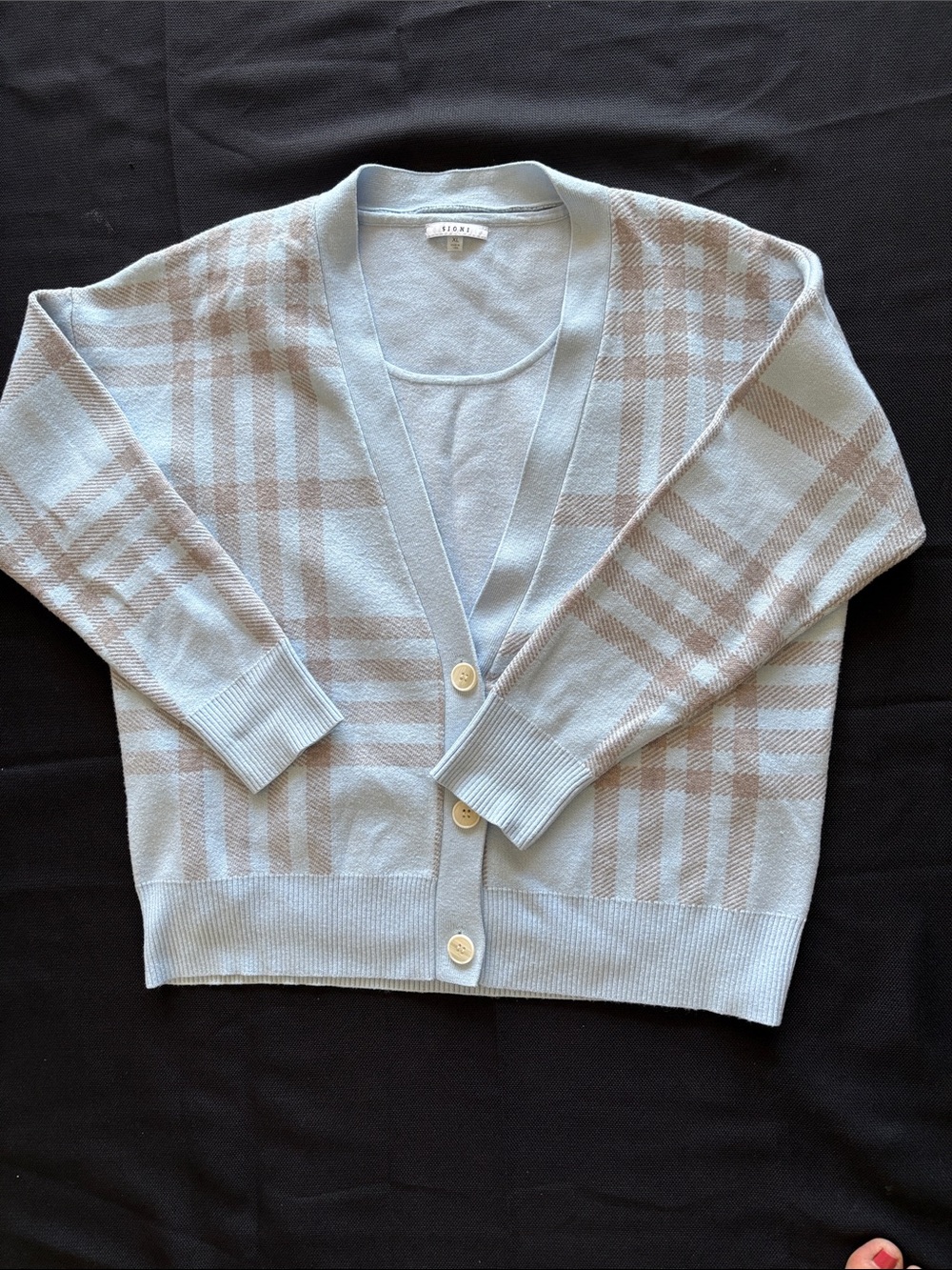 Sioni Light Blue & Beige Plaid V-Neck Button Cardigan